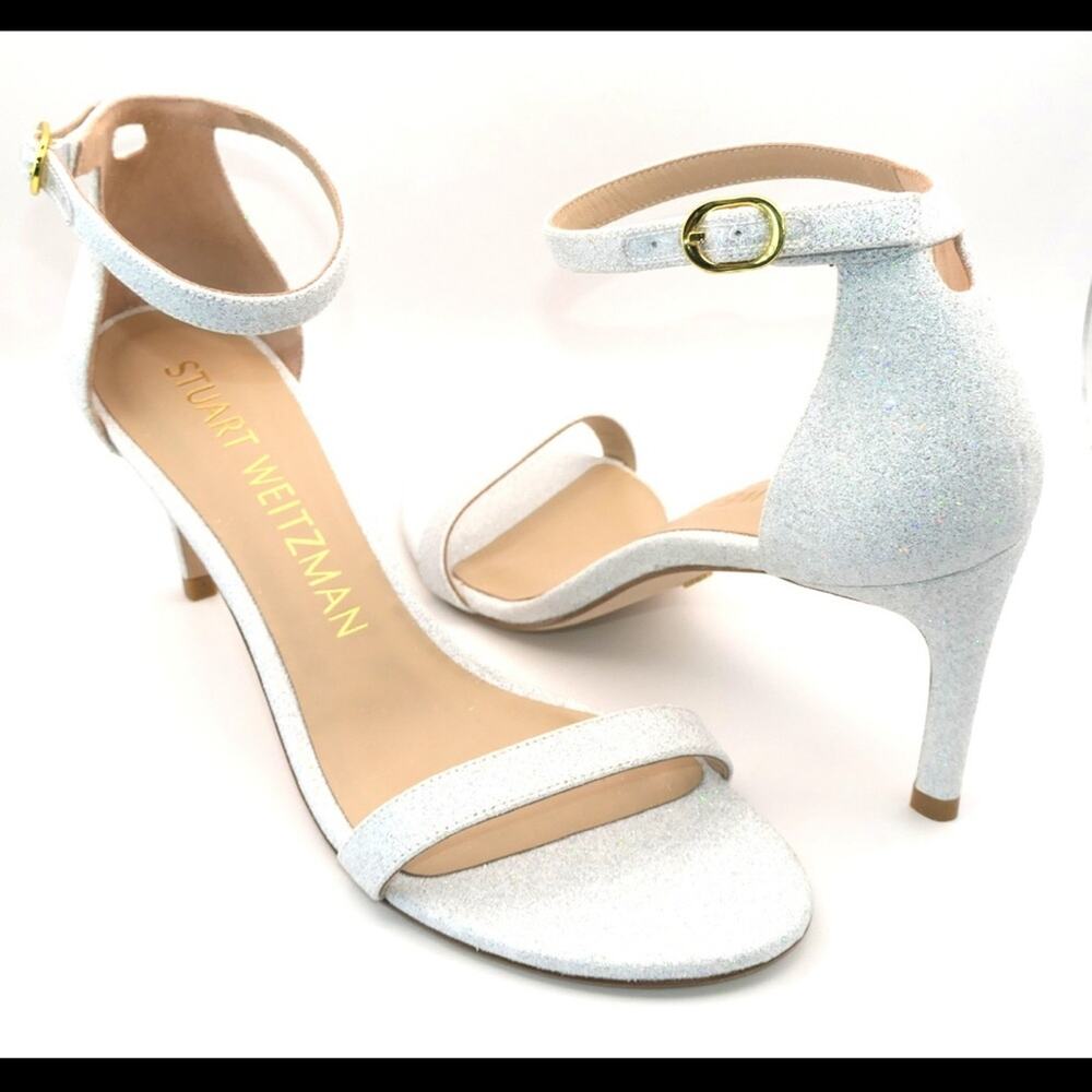 New: Stuart Weitzman White Nudistcurve Glitter White High-heel sandals.